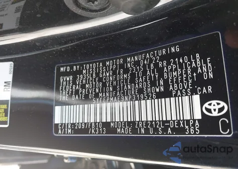 2022 Toyota Corolla Le из США, поврежденный, VIN 5YFEPMAE9NP319526